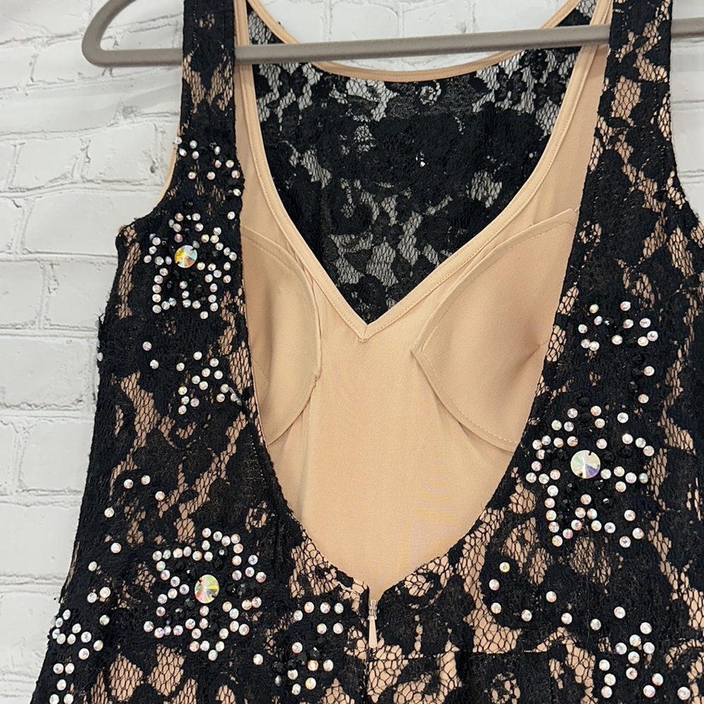Jovani Black Lace Swarovski stoned Jumpsuit with nude underlay very soft stretch - Picture 7 of 8